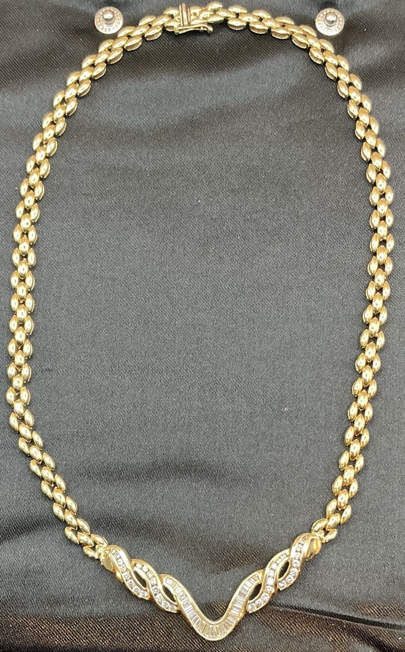 14k Gold Tone Curb Chain Necklace, Round & Baguette Diamonds In Ribbon Style