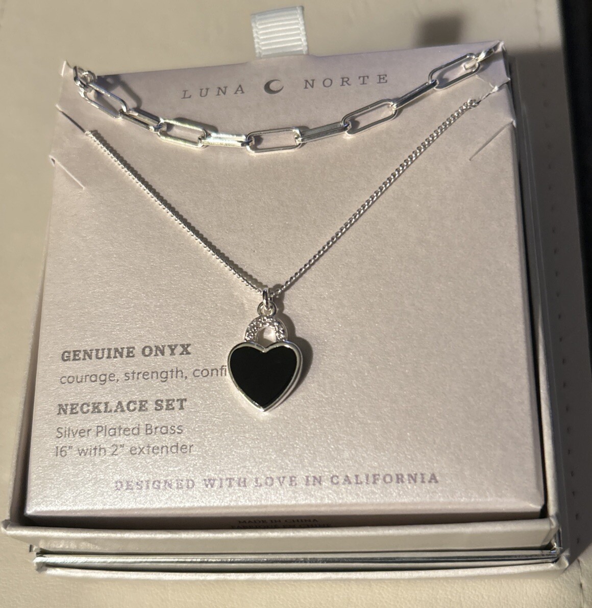 Luna Norte .925 SS Plated Brass Necklace Set~genuine Black Onyx Heart 16+2 New!