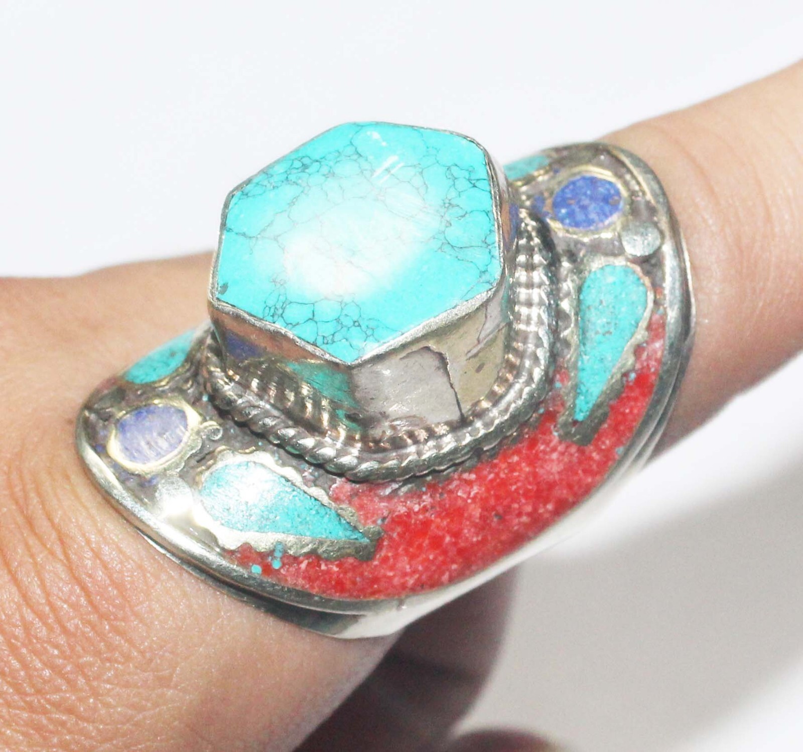 Turquoise Coral Lapis Lazuli Gemstone Handmade Nepali Jewelry Ring Size 11.5 In