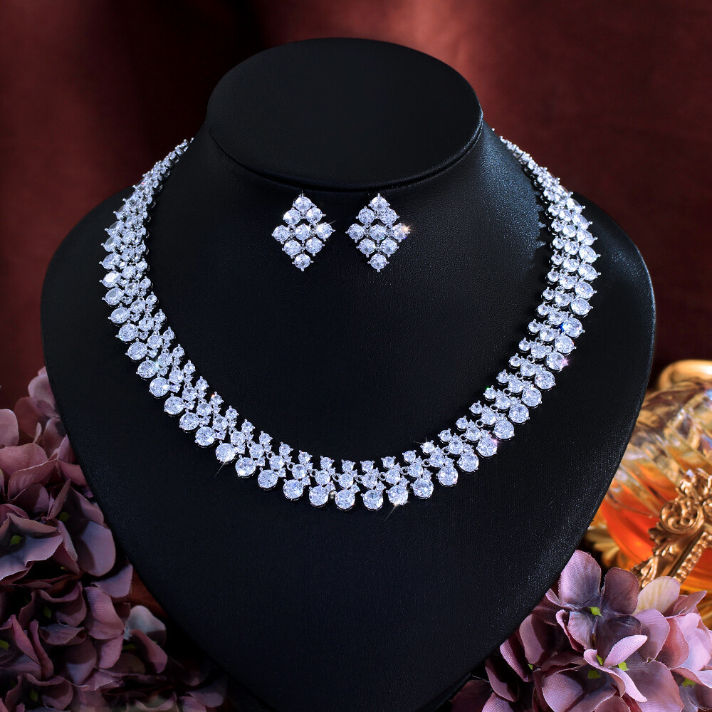 Gorgeous CZ Crystal Round Tennis Bridal Wedding Necklace Earrings Jewelry Set