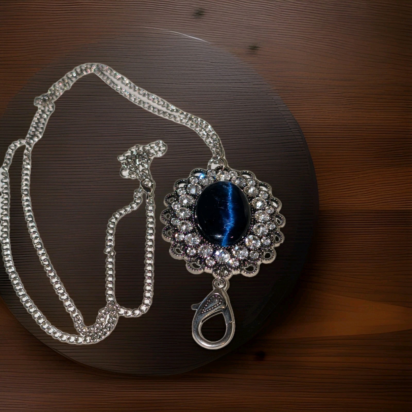 Silver Tone Blue Oval Crystal Cluster Halo Pendant Cable Chain Necklace . #27