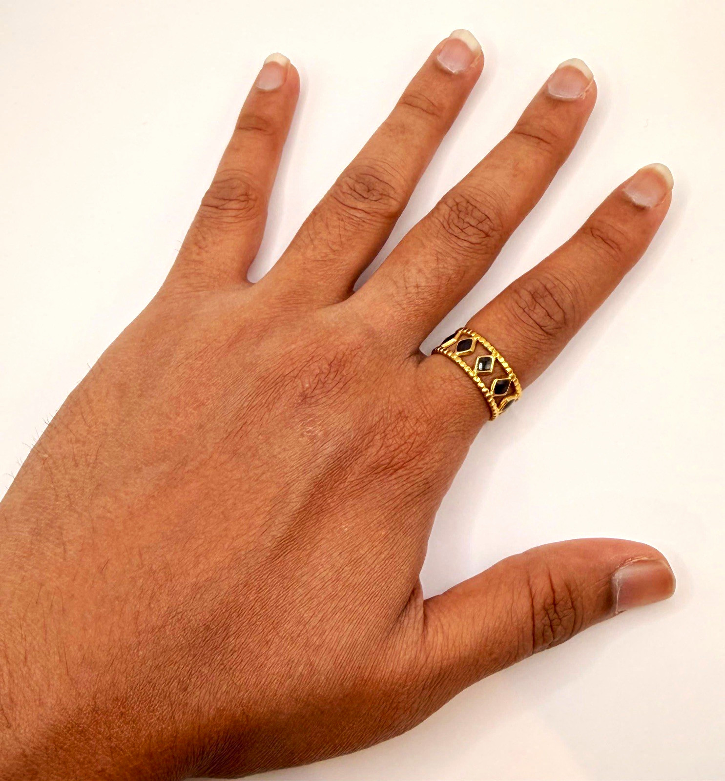 Gold Tone Patterned Band Ring Size 8 with Black Accents, No Stone