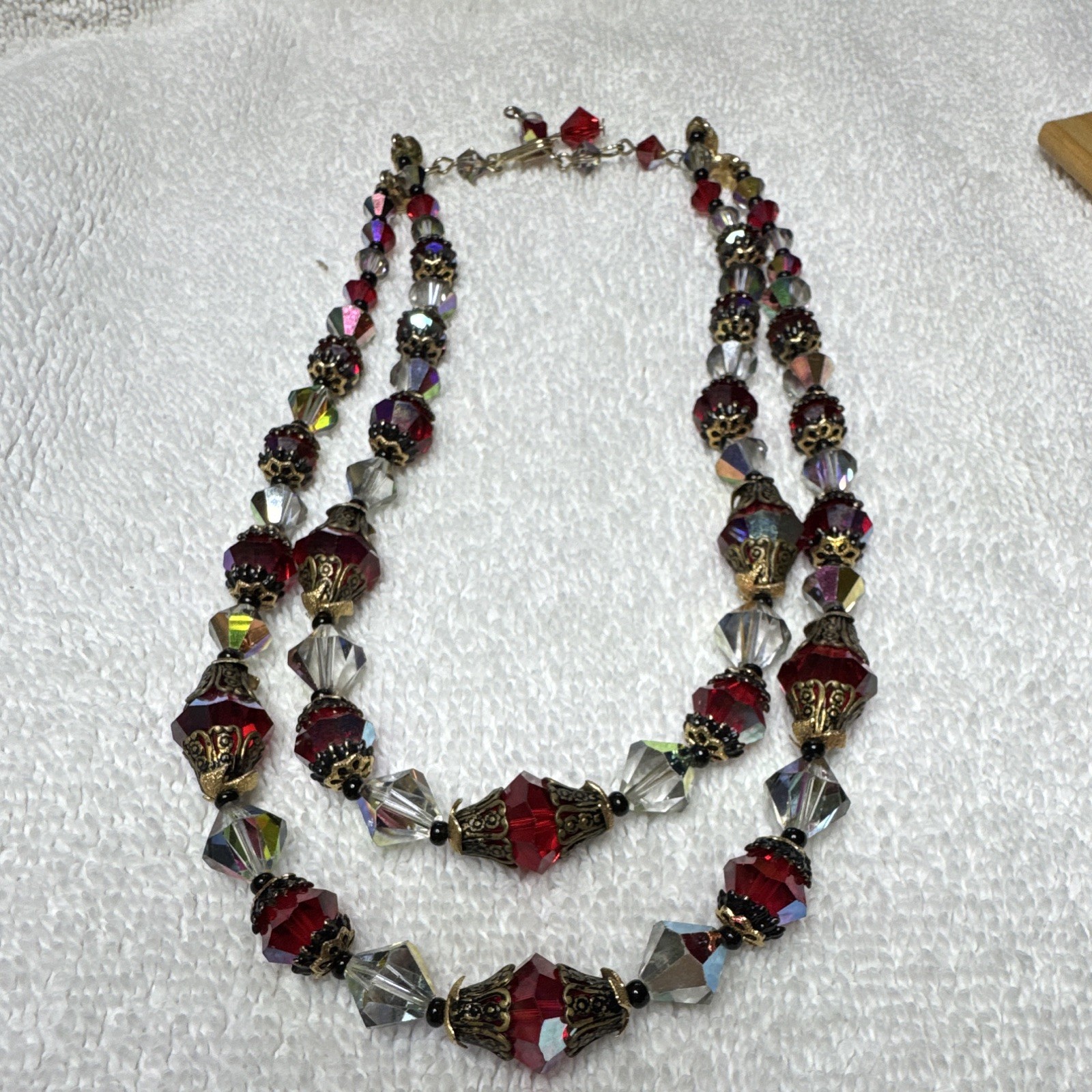 Layered Double Strand Red & Clear Austrian Crystal Bead Necklace Gold Tone