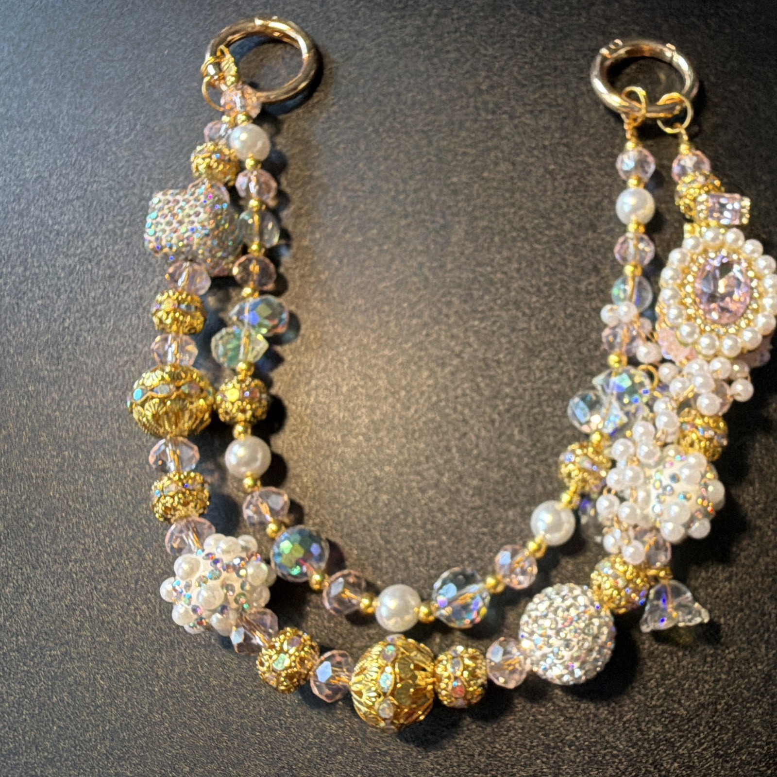 Gold Tone Beaded Charm Bracelet w/ Clear Crystal & White Beads, Lobster