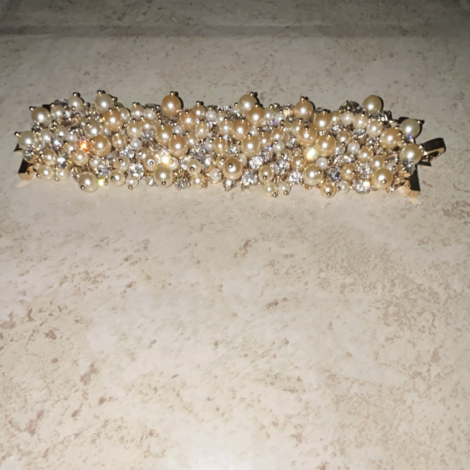 Gold Tone bracelet with faux Pearls & Clear Rhinestone Clusters