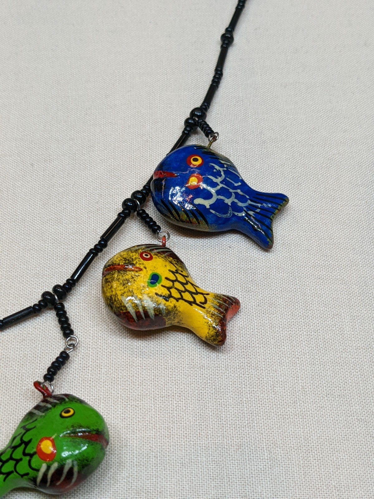 Hand Painted Fish Charm Necklace Colorful Black Bead Tropical Beach Cruise ~22″