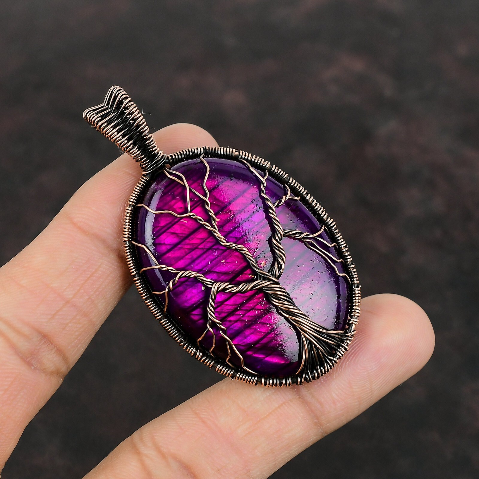 Pink Fire Labradorite Wire Wrapped Tree Of Life Handcrafted Copper Unique 2.56″