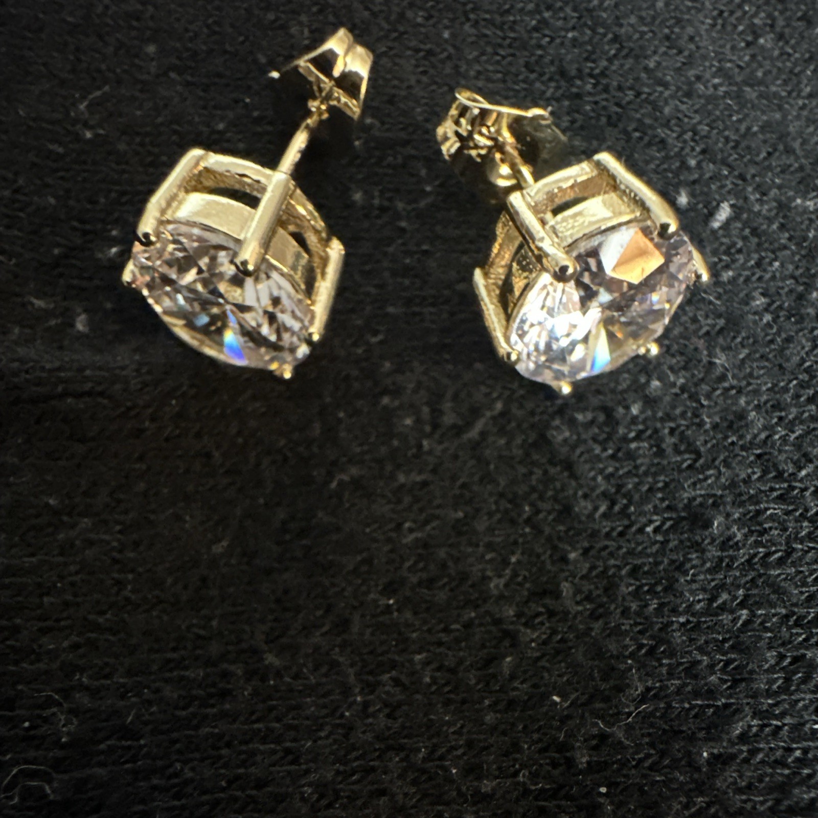 Gold Tone Round Clear Crystal Stud Earrings Prong Set Butterfly Back, Lobe