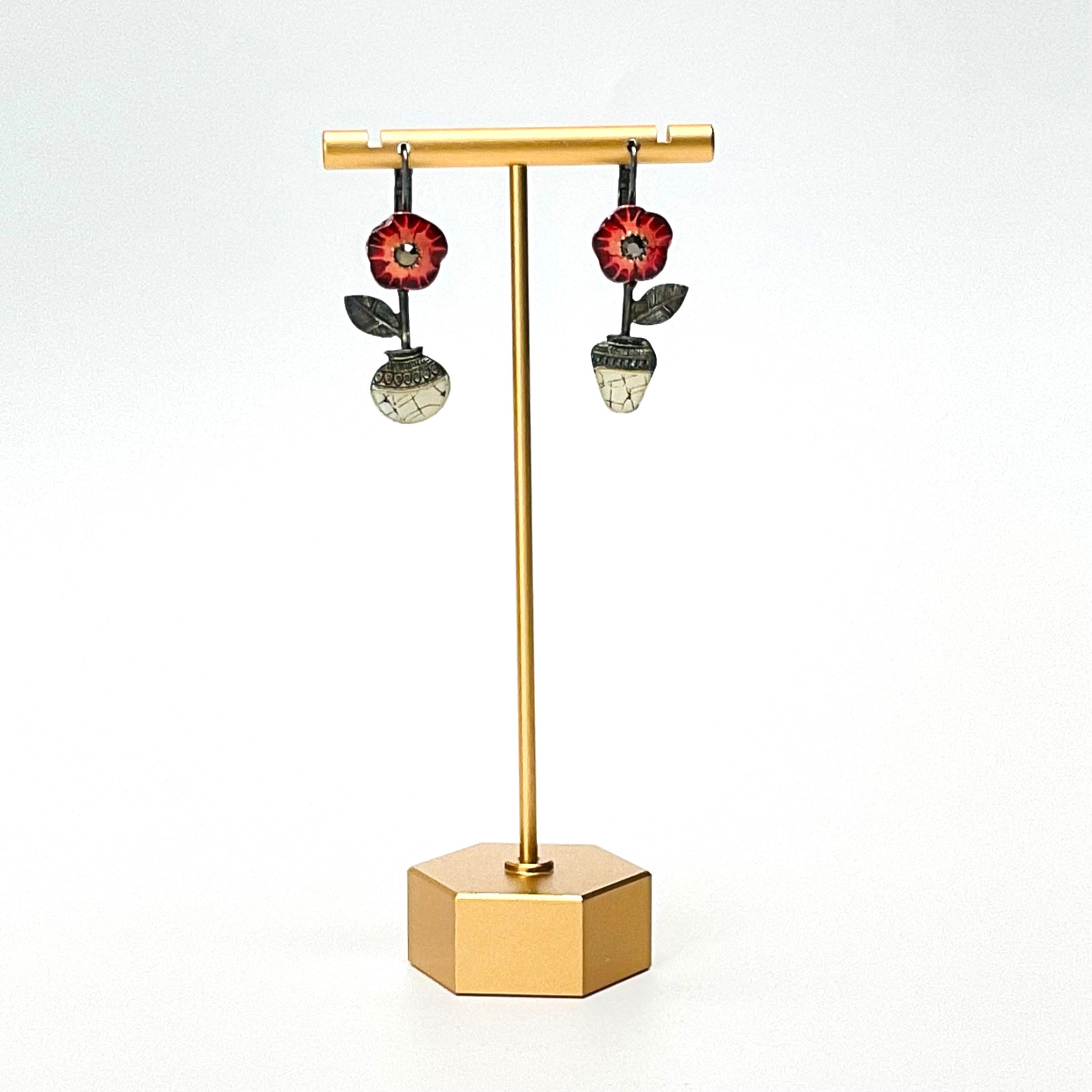 Coloritis Red Floral Enamel Metal Dangle Earrings From Zurich, Germany