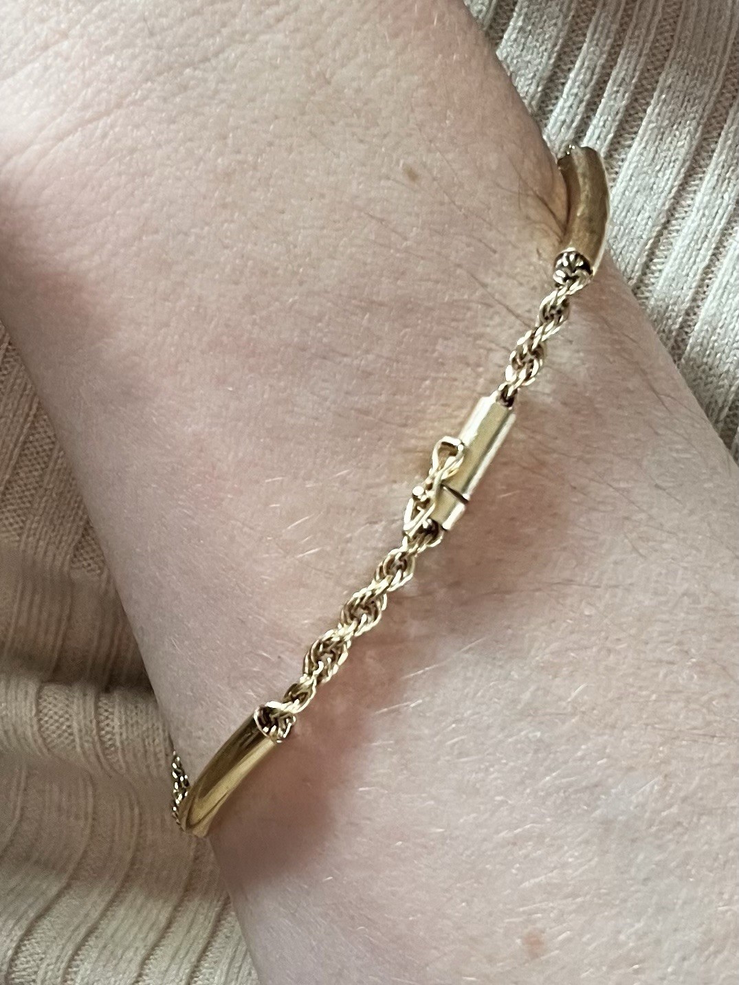 Vintage Solid 14K Gold Bracelet—Bars & Rope Chain
