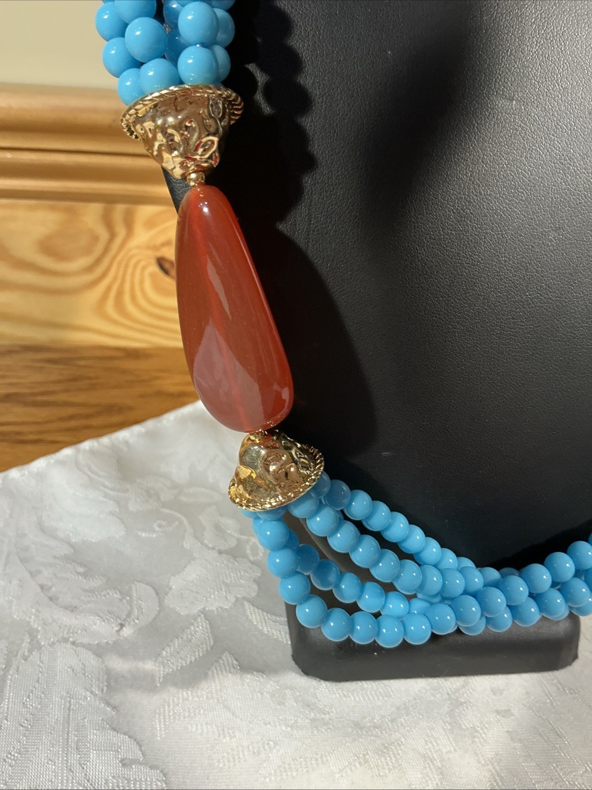 KJL Grand Stand Multi Strand Faux Turquoise & Carnelian Bead Boho Necklace 27″