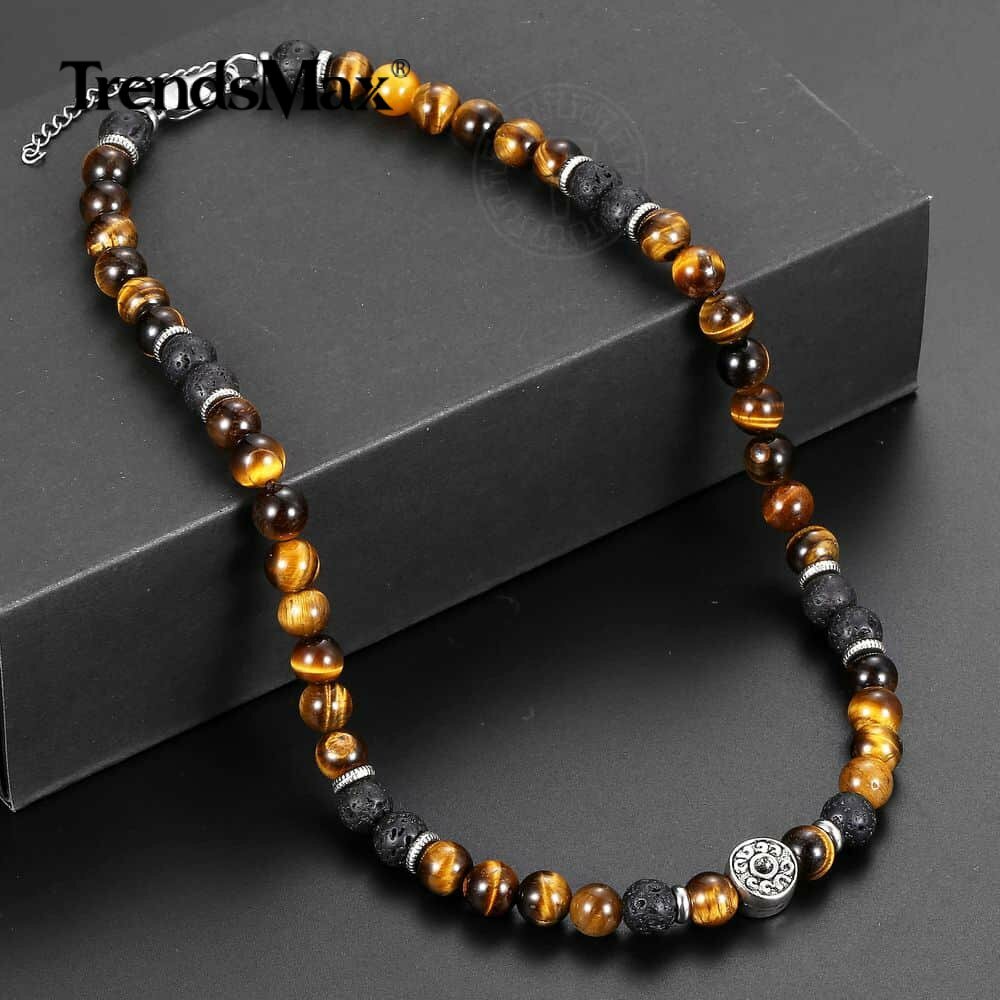 8mm Natural Tiger’s Eye Jasper Lava Beads Choker Necklace Men Women Gift 18inch