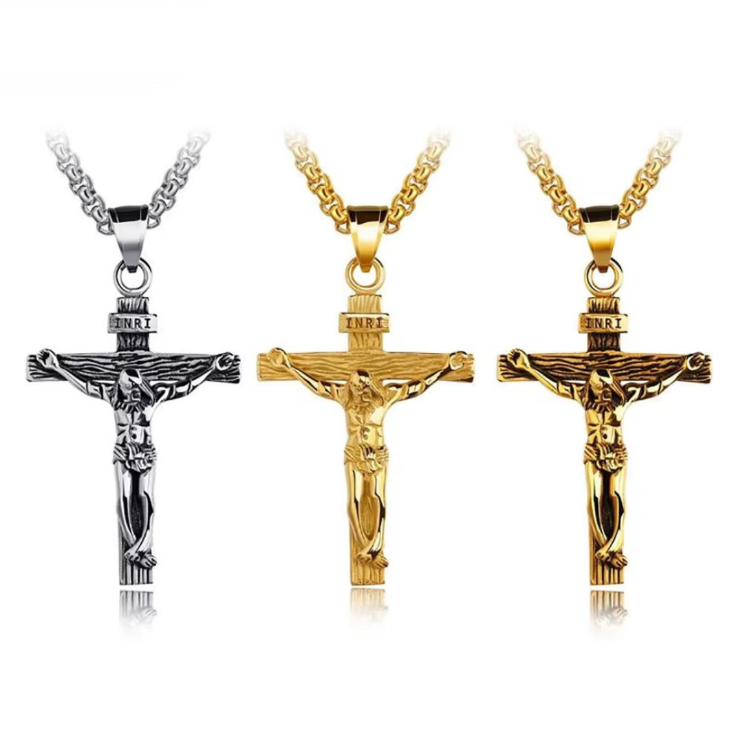 Men Stainless Steel Jesus Christ Crucifix Cross Pendant Chain Necklace