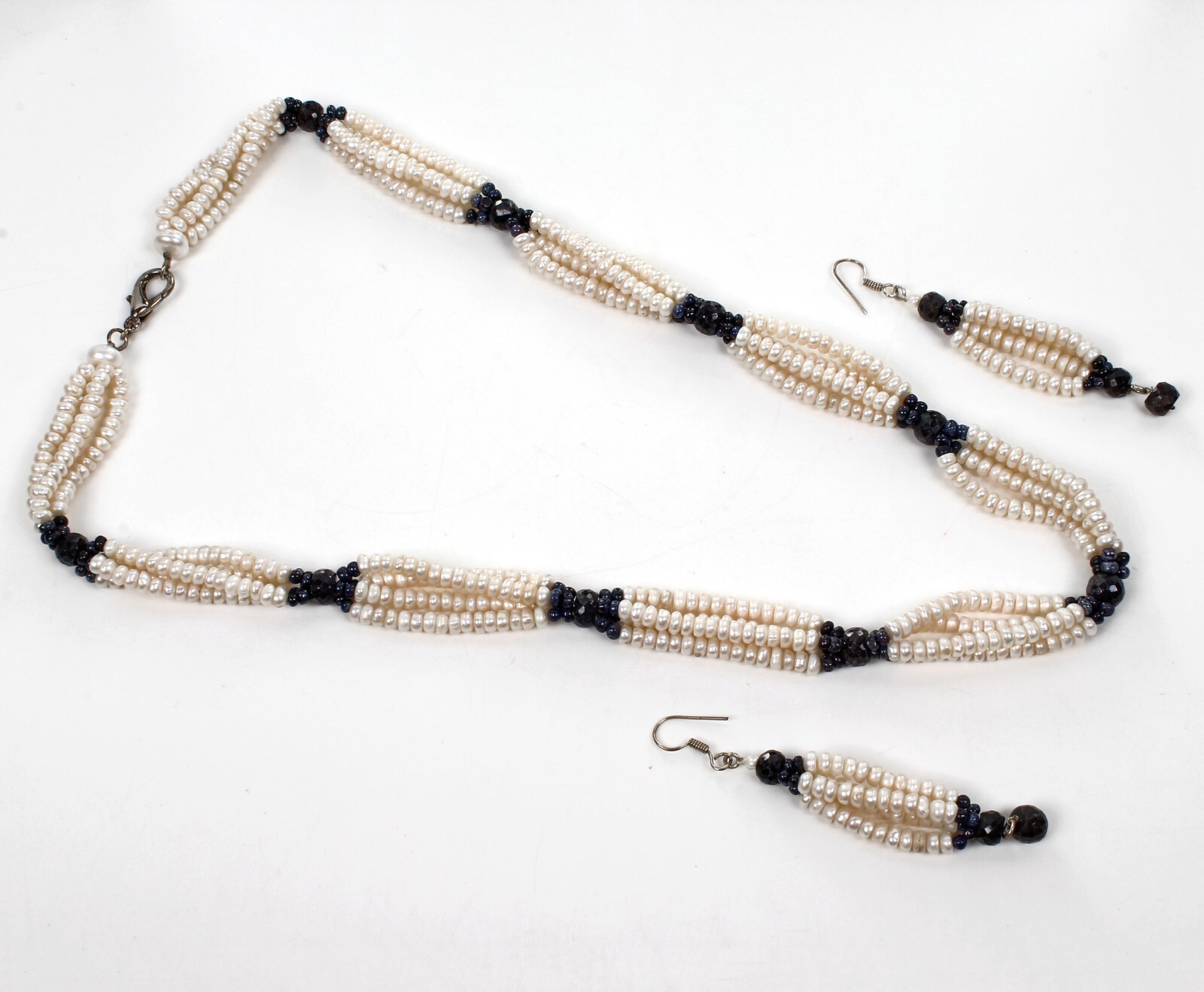 Sapphire & Pearl Necklace 26″ Earring Set, Multi-Strand Statement Beaded Jewelry