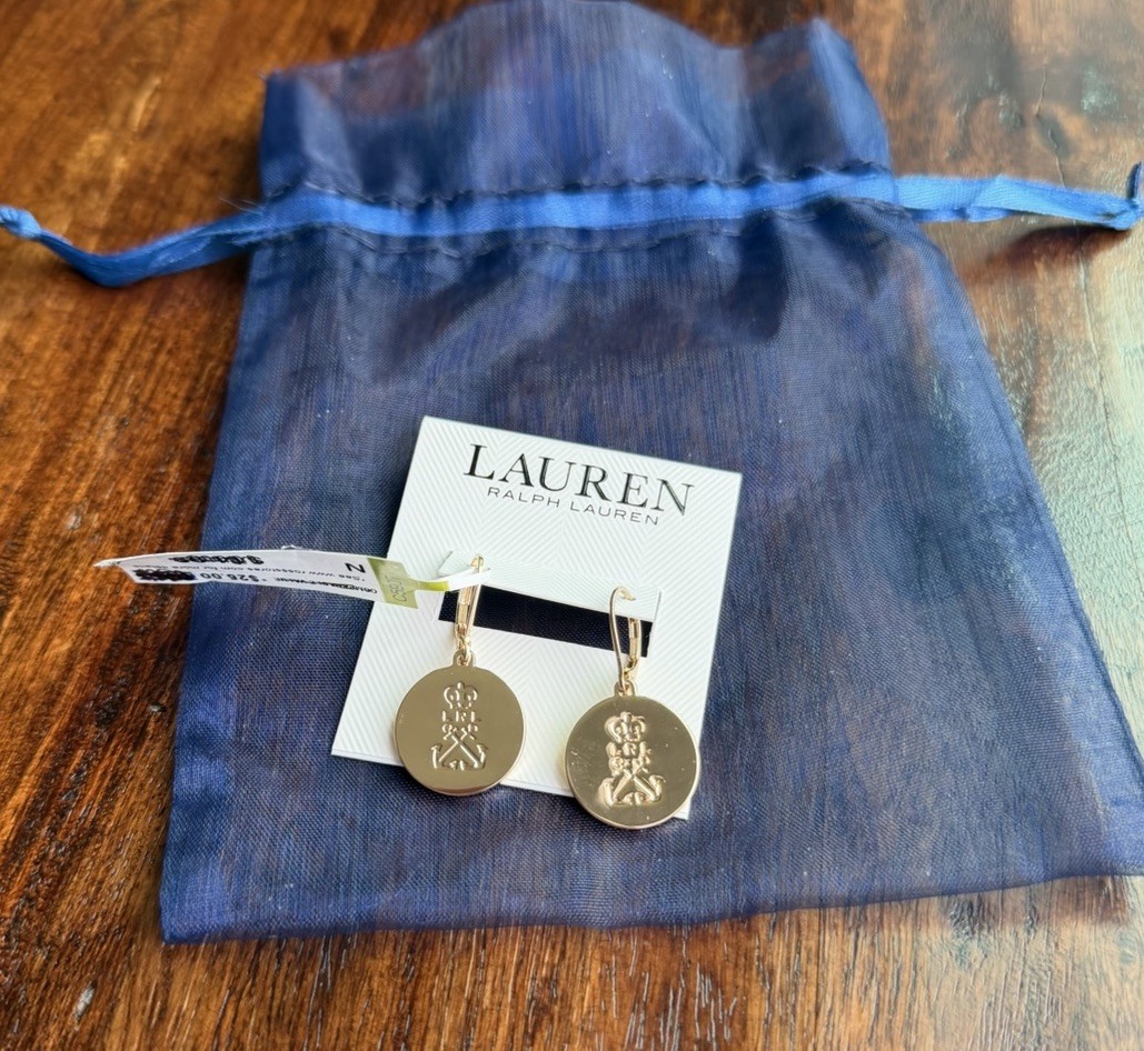 Lauren Ralph Lauren Women’s Drop Earrings Crest Logo Gold Tone New