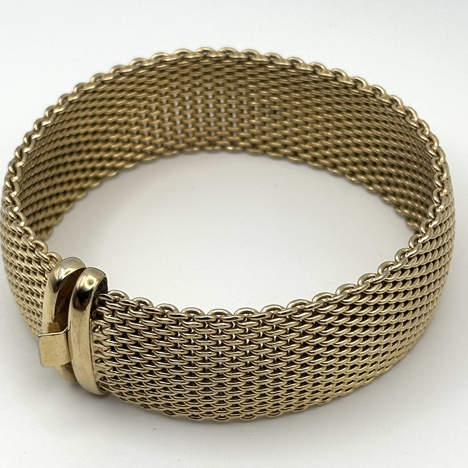 Woven Mesh Bracelet 14K Gold Electroplate ESPO Signed 7.5″ long; 0.75” wide 44g