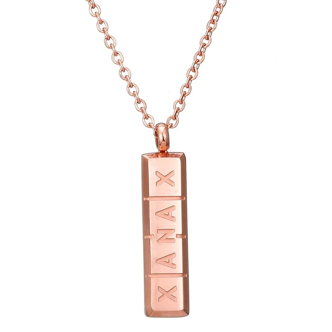 Womens Girls Stainless Steel XANAX Pill ID Bar Pendant Necklace Jewelry-Rose Gol
