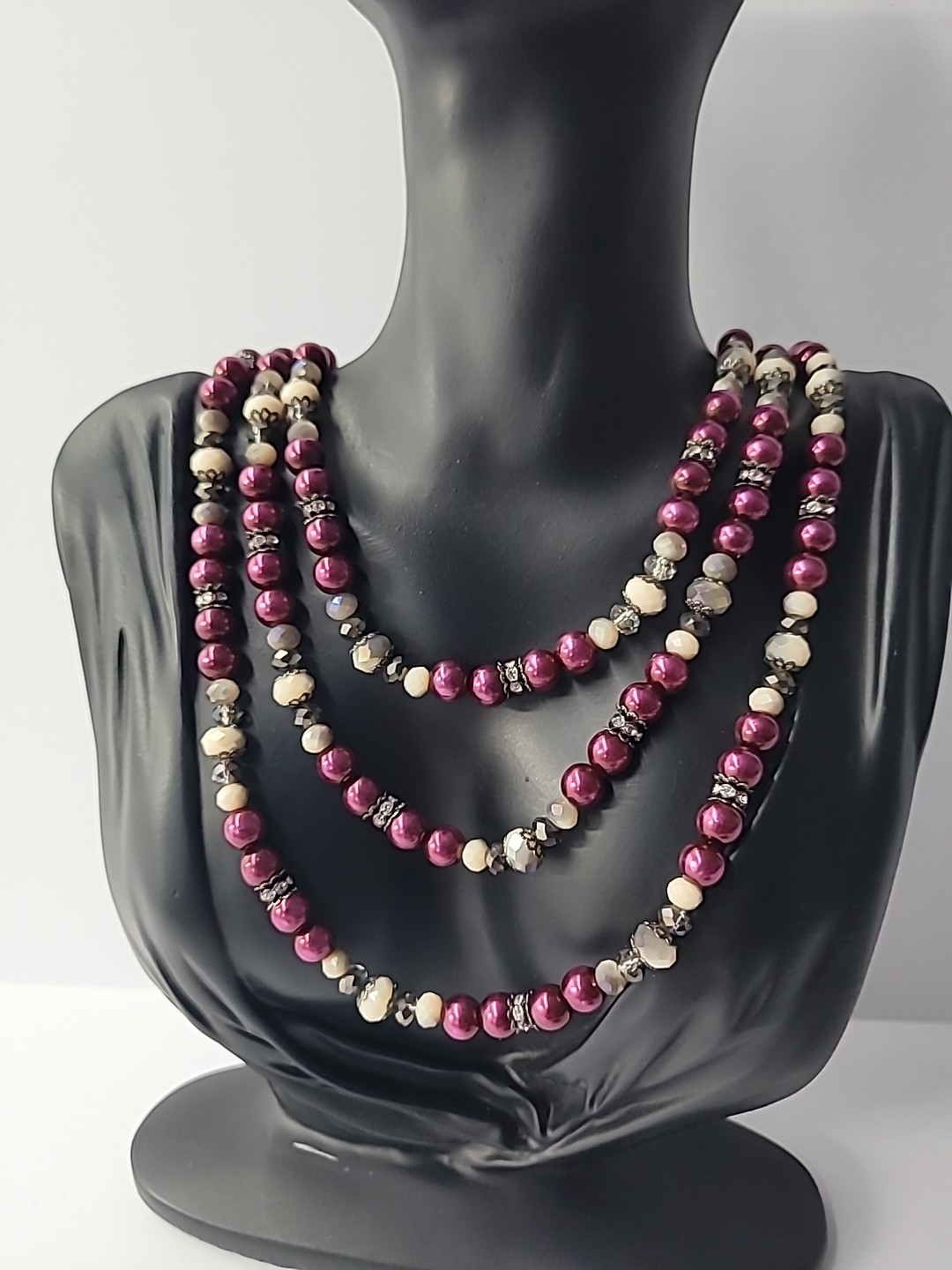 Vintage Necklace Beaded Pink Purple White Crystals Jewelry Costume