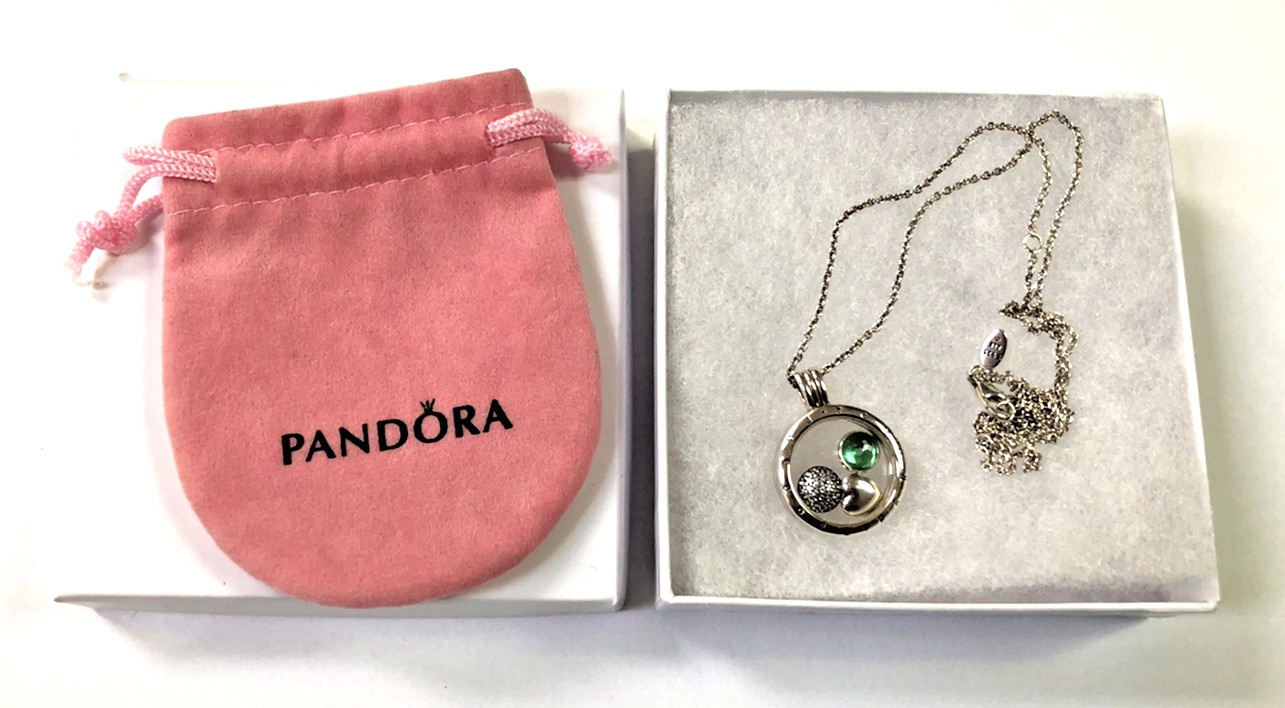 Authentic PANDORA Crystal Glass Locket, 3 Charms & 23.6″ Adjustable Necklace