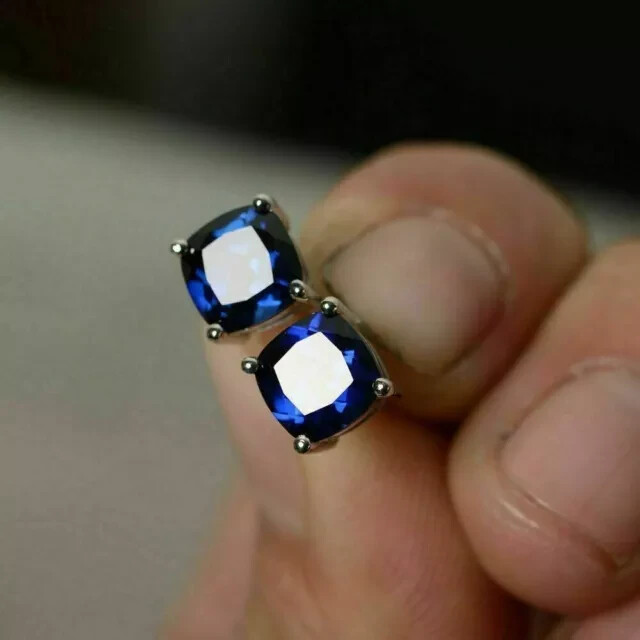14k White Gold Plated 2 Ct Cushion Cut Simulated Sapphire Stud Earring For Her