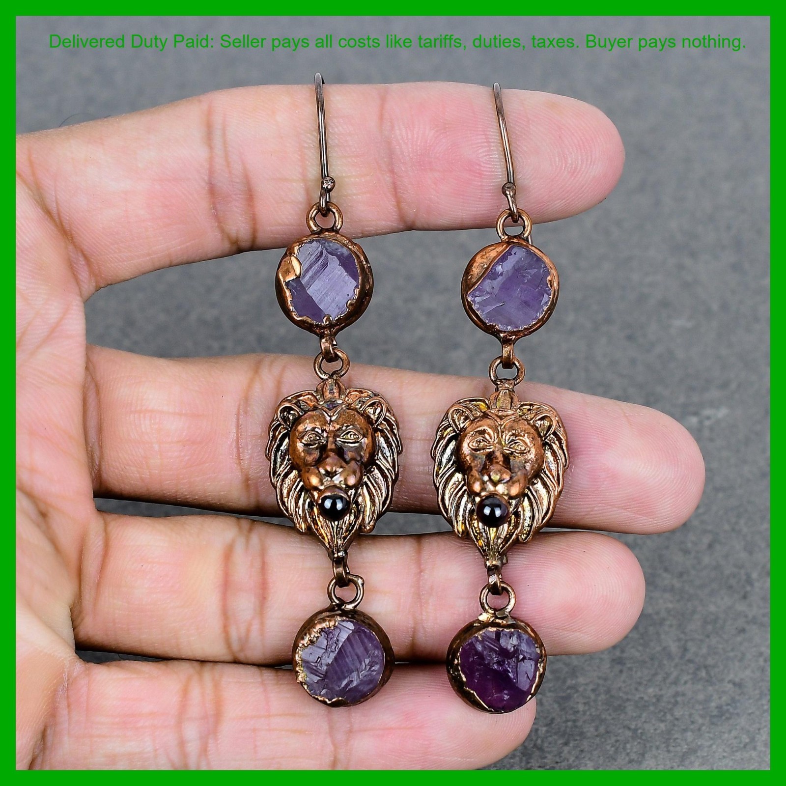 African Amethyst Rough Stone Copper Dangle Electroformed And Lion Face Earrings