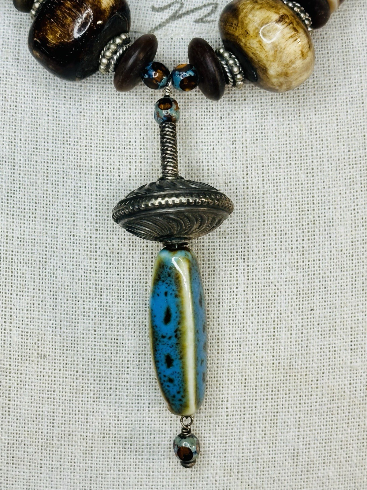 Handmade Artisan Wood Ceramic Shell Inlay Beaded Pendant Necklace Toggle Clasp