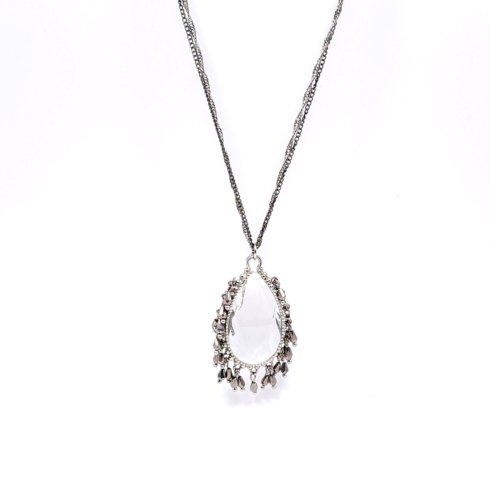Silver Tone Crystal Teardrop Pendant Necklace Double Strand Adjustable 32-35in