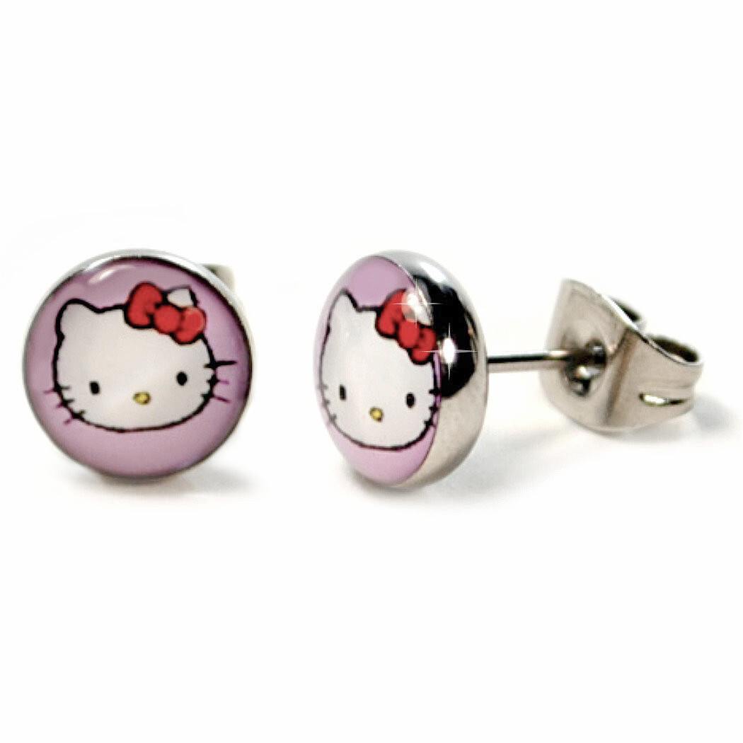 STAINLESS STEEL POST EARRINGS HELLO KITTY 8mm Pink Cute Girls Tiny Pair Stud NEW
