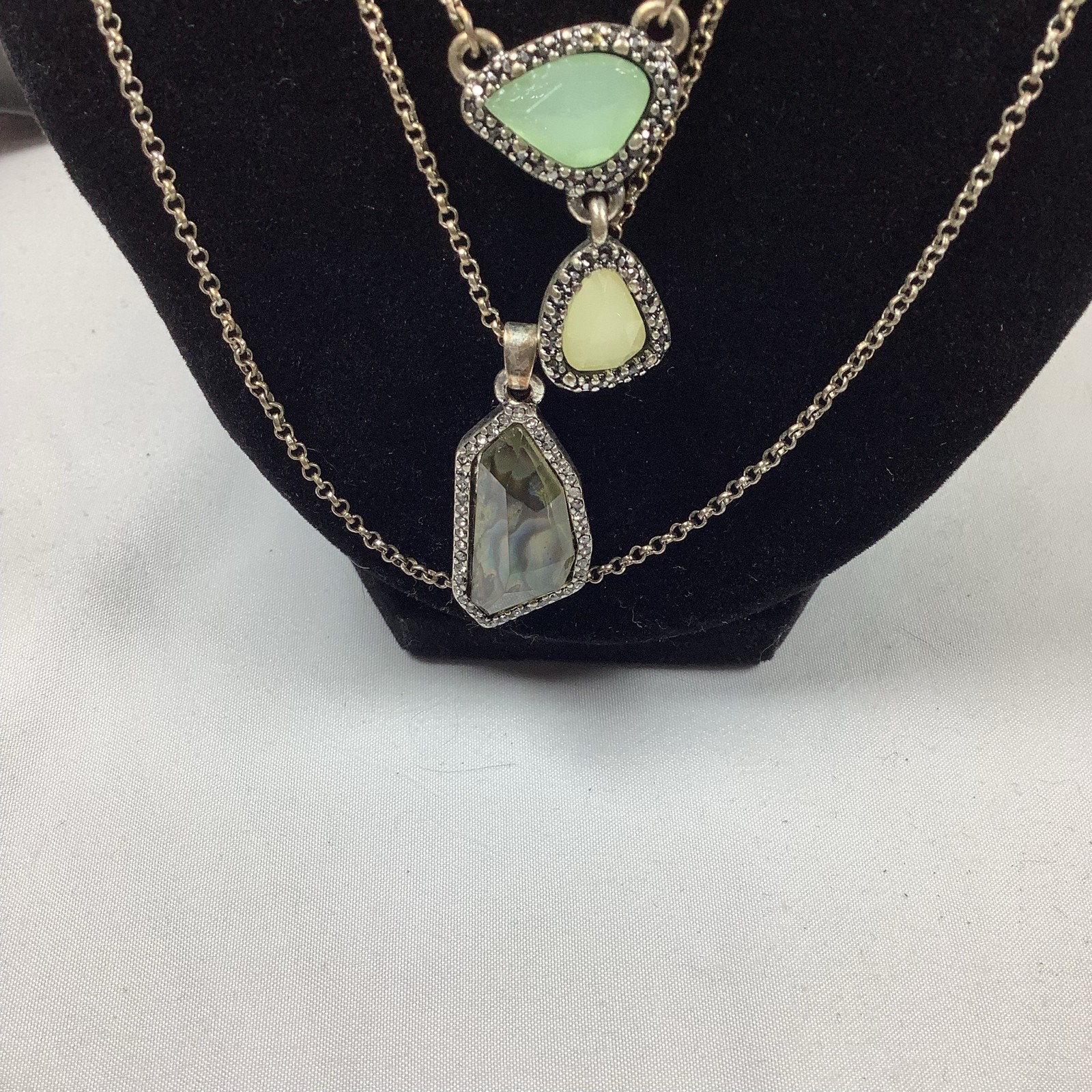 Layered Necklace Silver Tone Multi Strand Green Grey Stone Pendant Boho