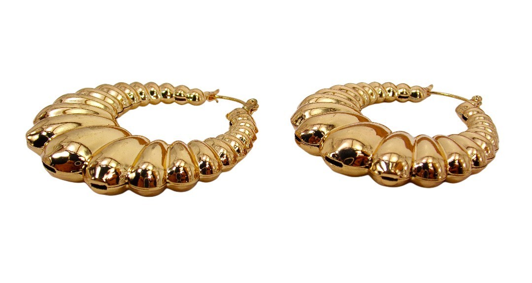 Large gold shrmp hoop earrings polished gold tone puffed ears 1.79″ x 1.68″ NEW