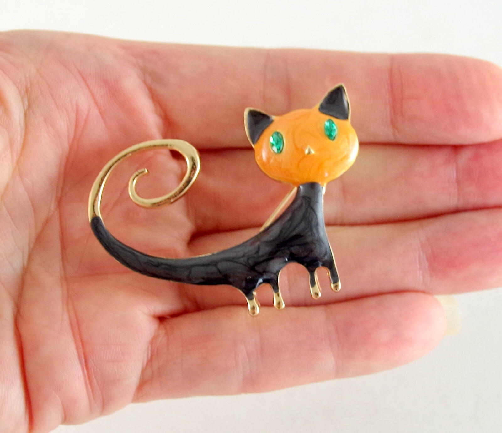 2″ ORANGE & BLACK CAT RHINESTONE EYES ENAMEL GOLD HALLOWEEN BROOCH PENDANT COMBO