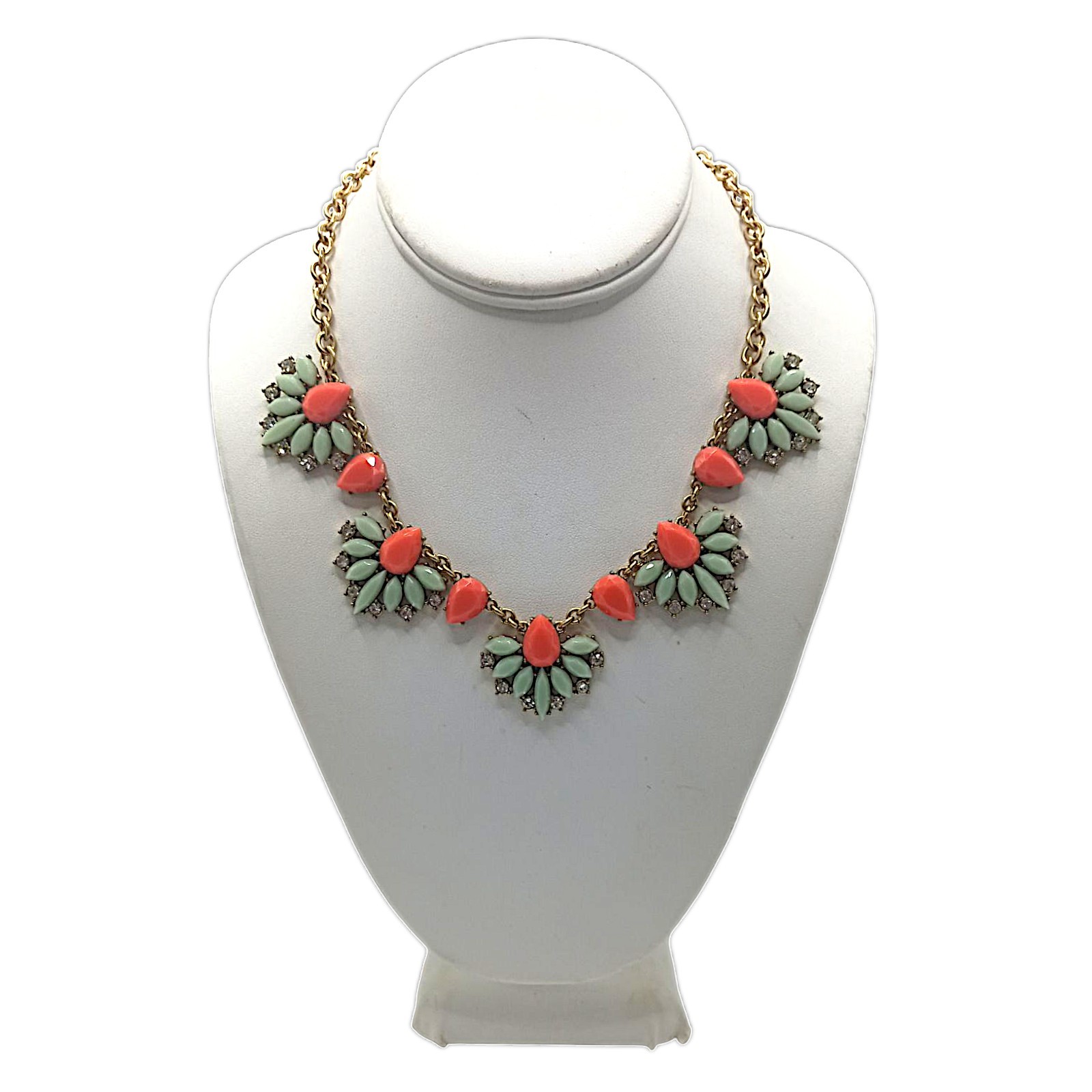 J Crew Statement Cluster Necklace Y2K Rhinestones Gold Tone Coral Mint Colors