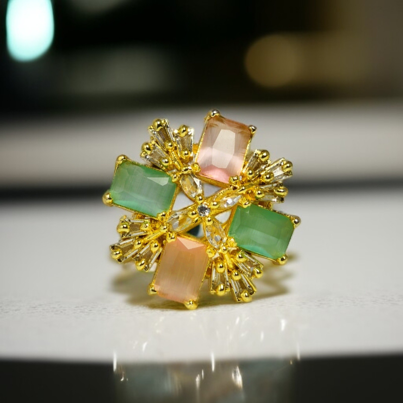 Bollywood Pink & Green Gold Ring American Diomonds & Monalisa Cocktail Ring”’