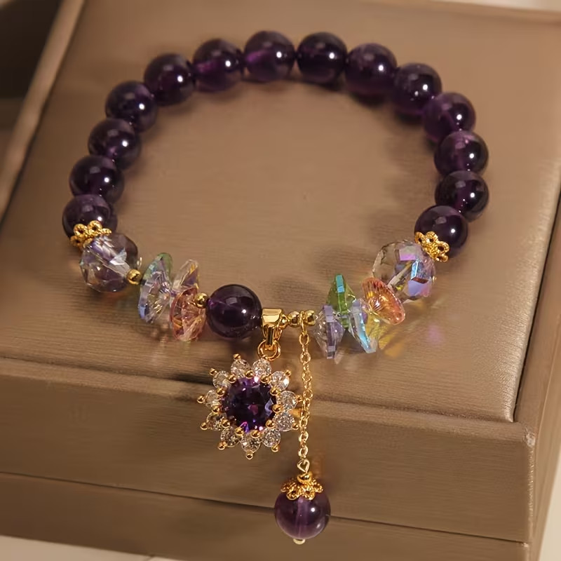 Elegant Purple Beaded Bracelet with Sparkling Crysal Stretchable about 7-8 inch