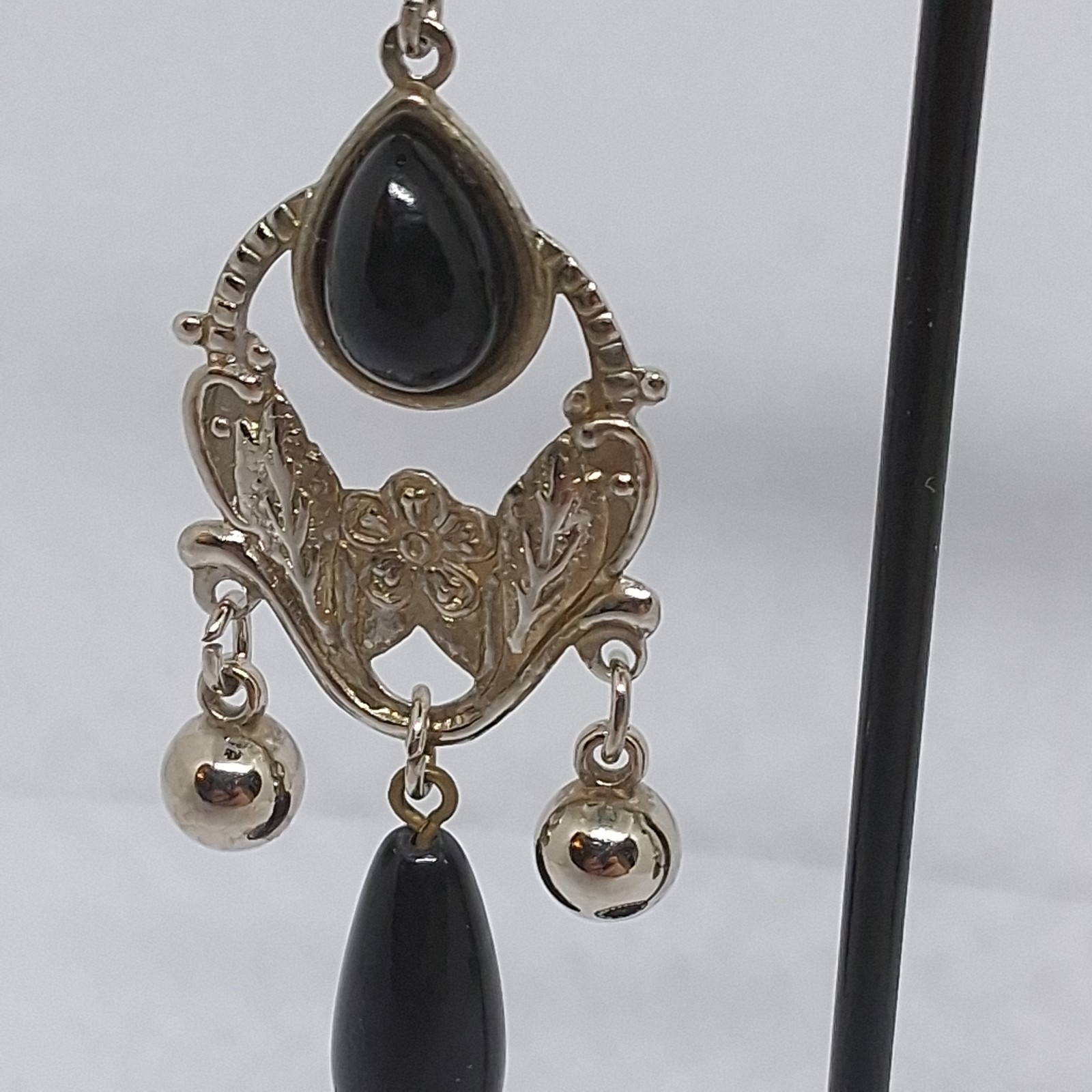 Vintage Silver-tone W/ Black Beaded Chandelier Drop Dangle Post Pierced Earrings