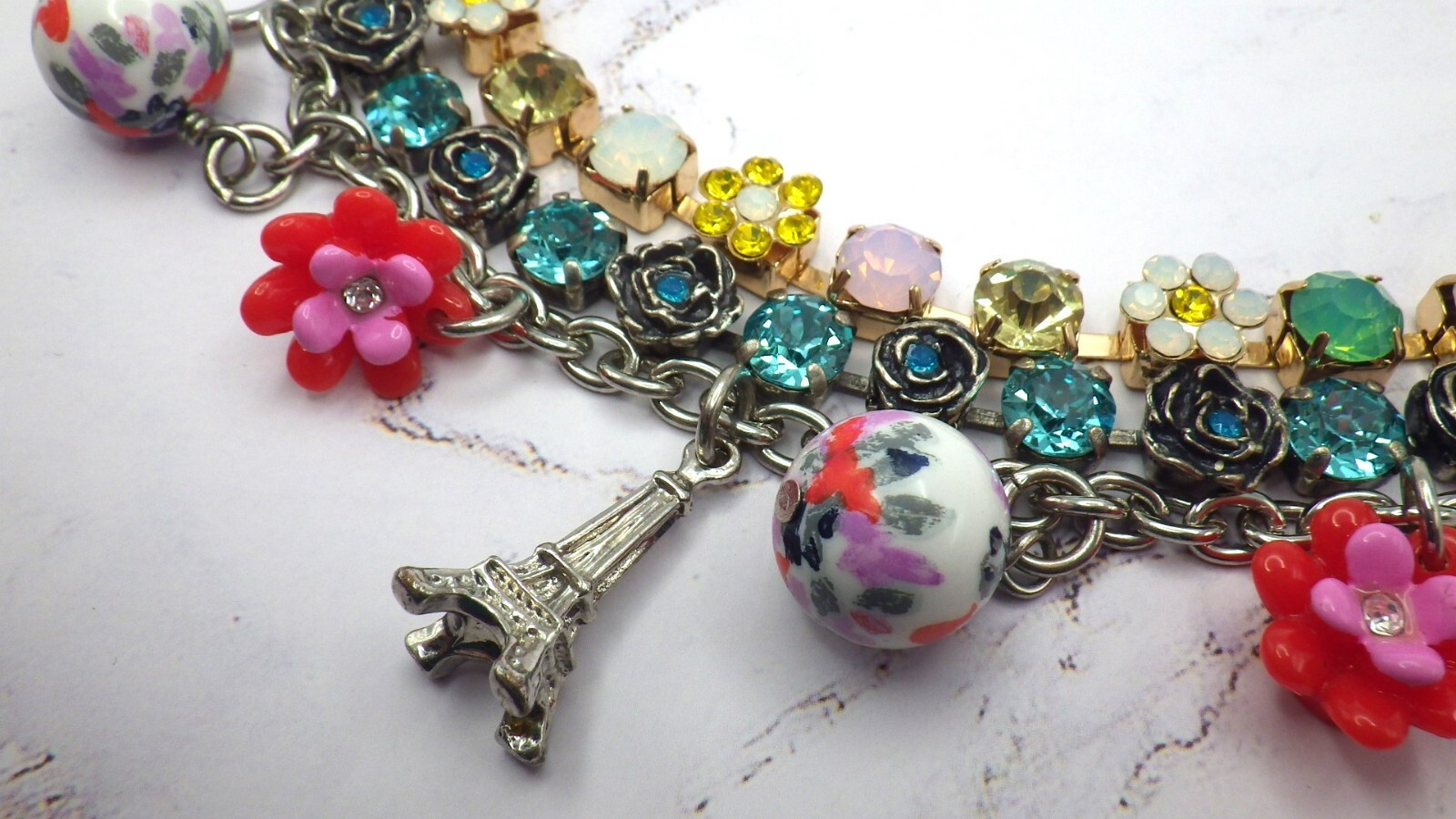 Set of 3 Bracelets Gymboree Charm Eiffel Tower Flowers Austrian Crystals Pastel