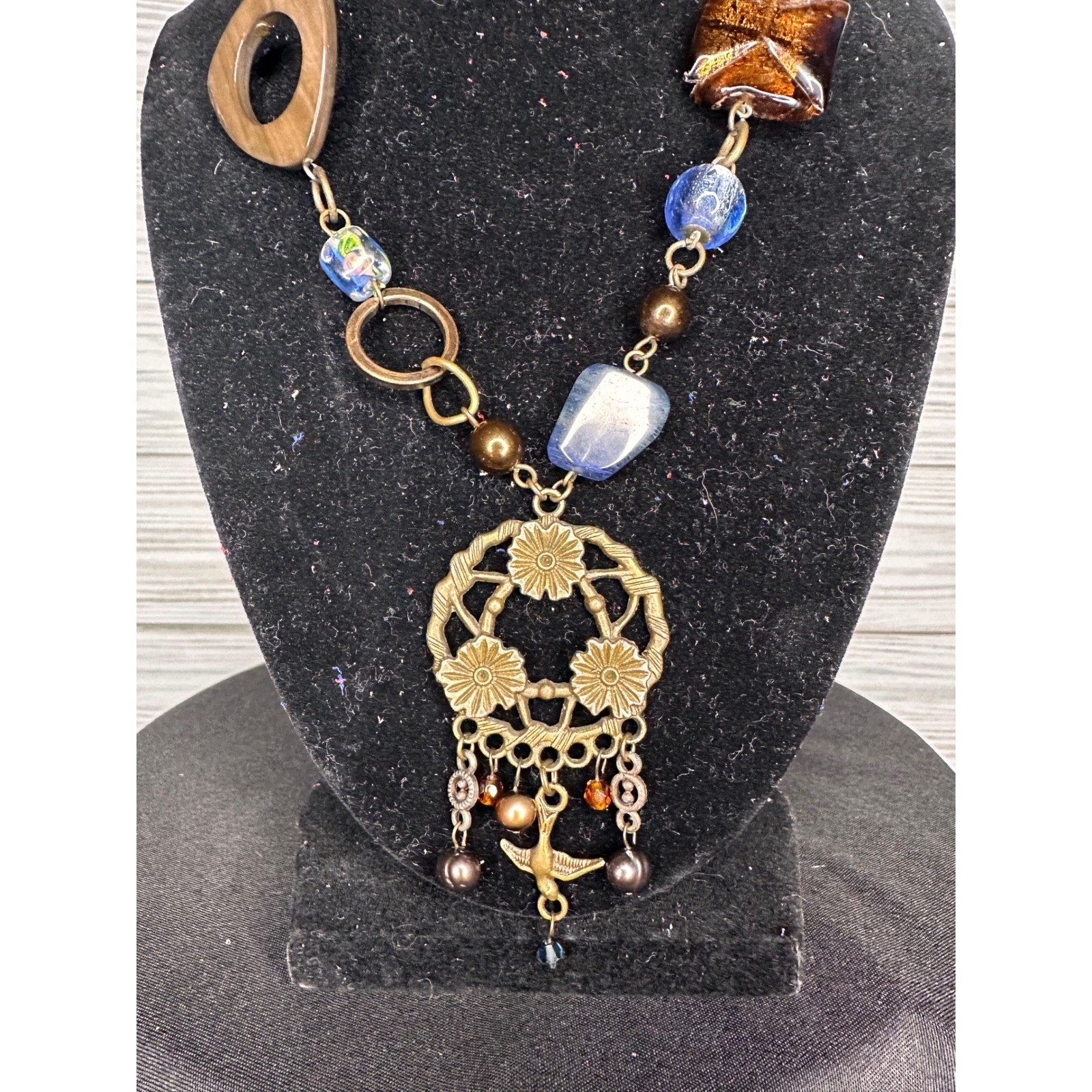 Boho Statement Necklace Mixed Media: Glass Stone Brass Wood