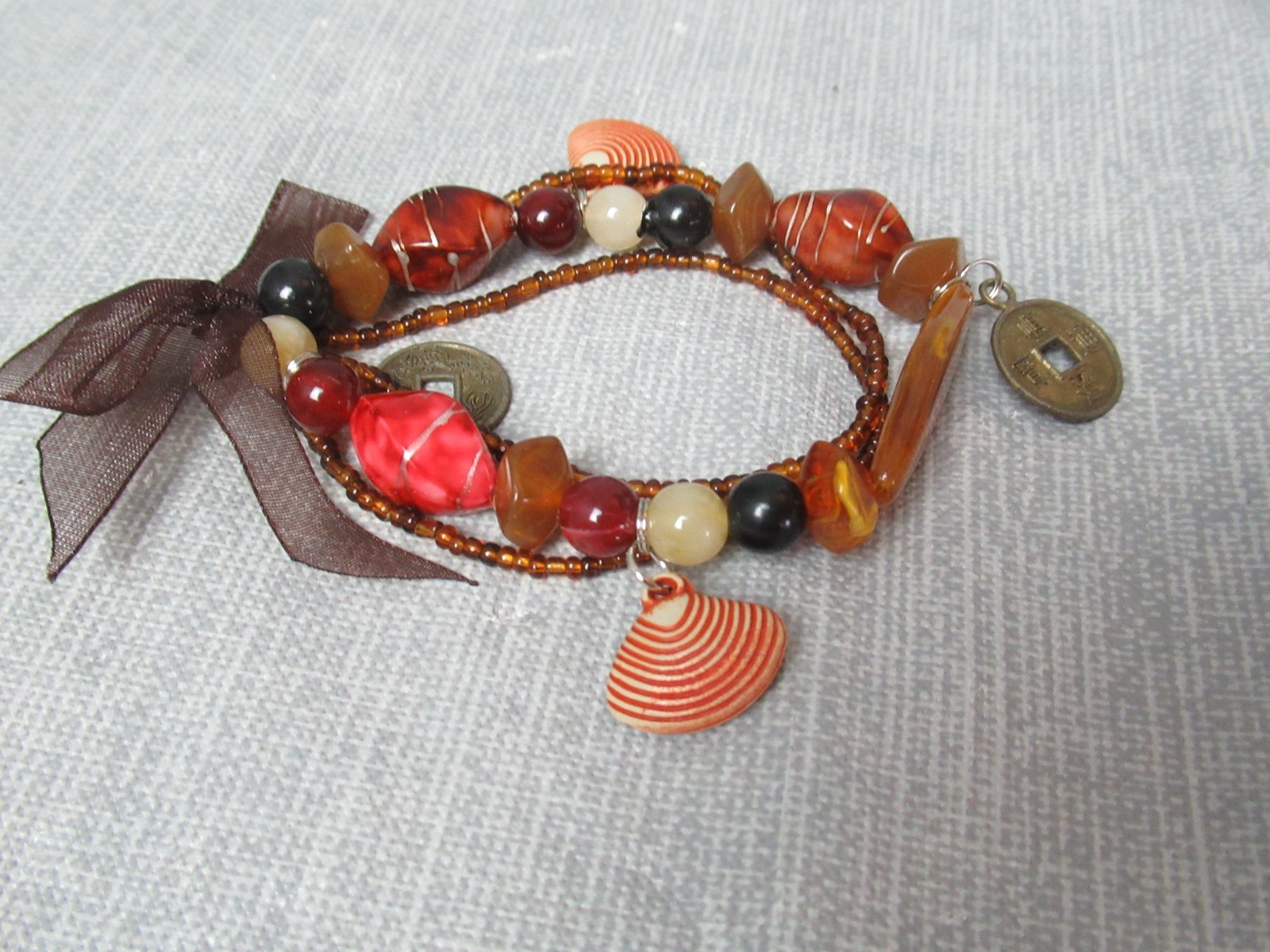 Elastic Bracelet – Assorted Stones, Glass Beads, Shells, Asian Coins – 43 213