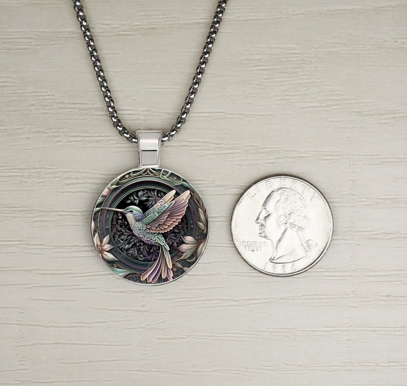 Intricate Blue Hummingbird Boho Pendant, Stainless Steel Necklace