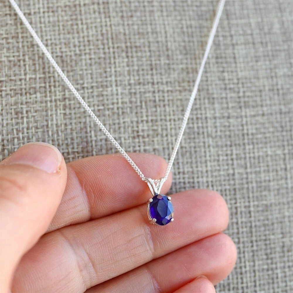 1.25 CT Oval Cut Simulated Blue Sapphire 925 Sterling Silver Pendant Necklace