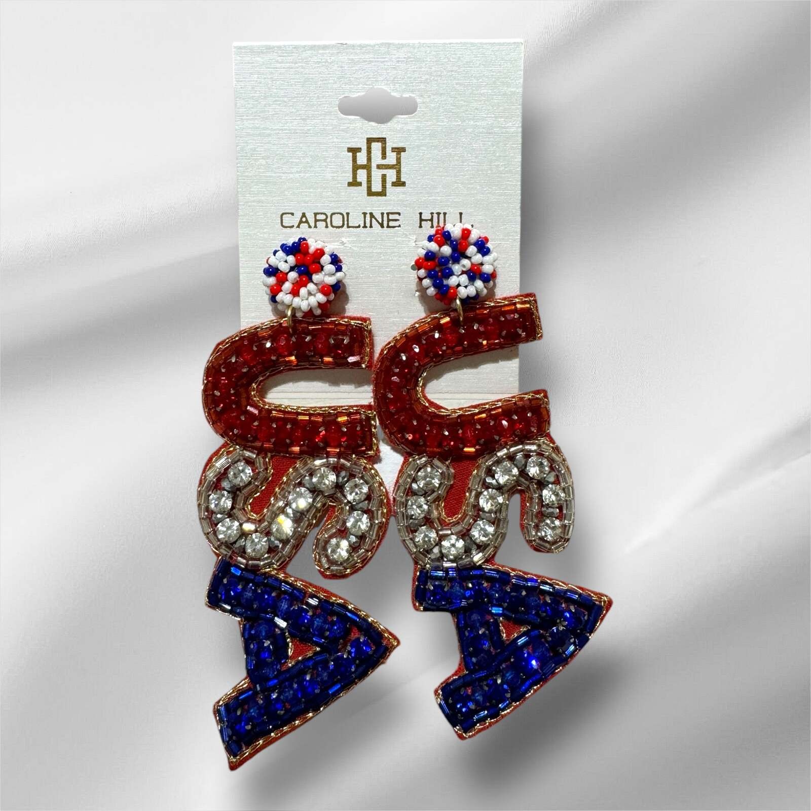 Caroline Hill USA Rhinestone Patriotic Dangle Earrings Red White Blue