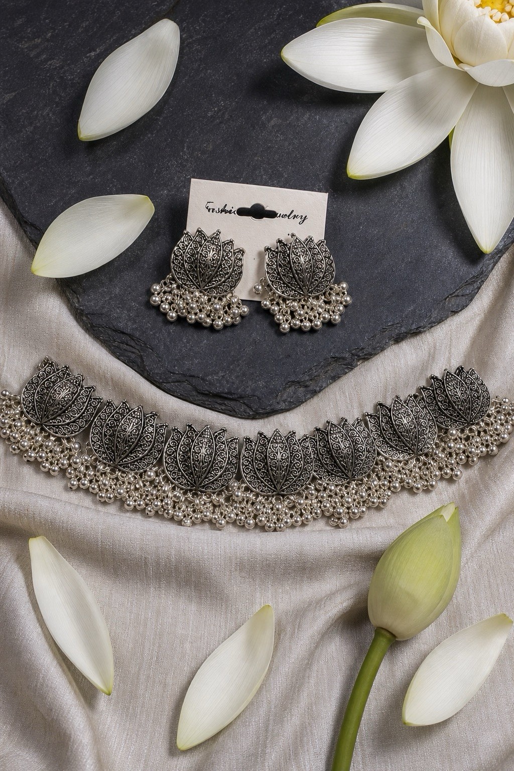 Boho Lotus Flower Collar Necklace Set | Antique Silver Finish