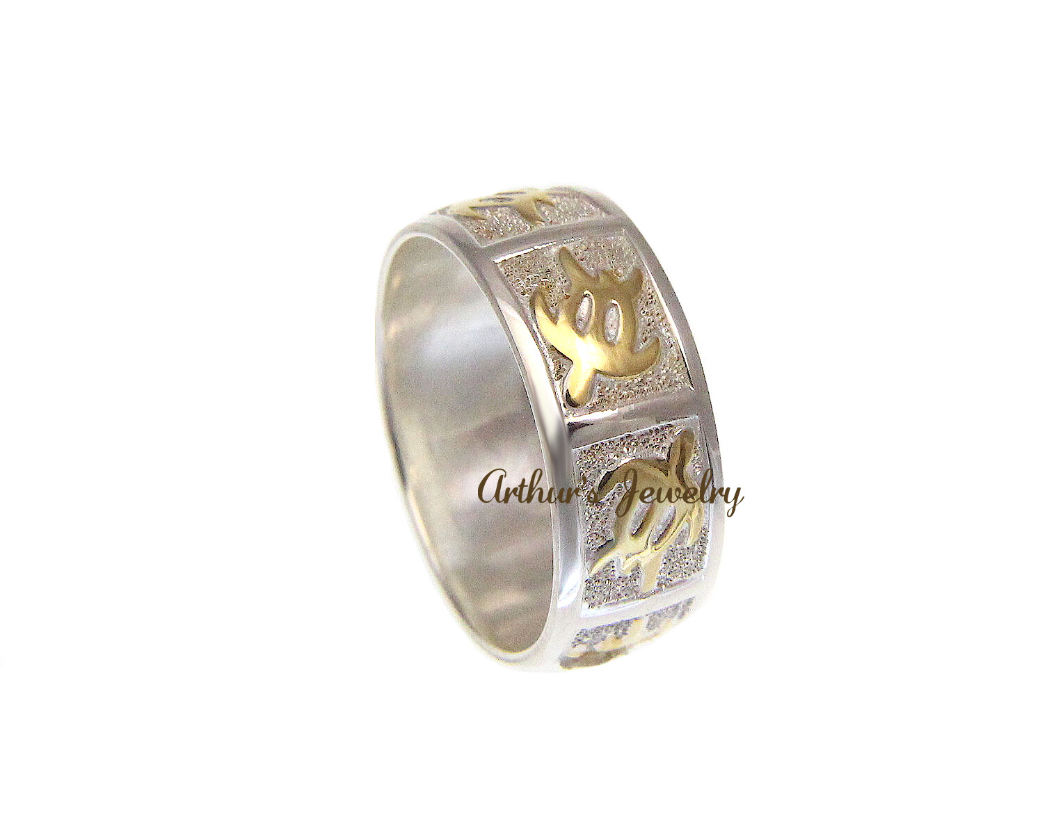 8MM SILVER 925 HAWAIIAN RING YELLOW GOLD PLATED HONU TURTLE 2 TONE SIZE 3 – 14