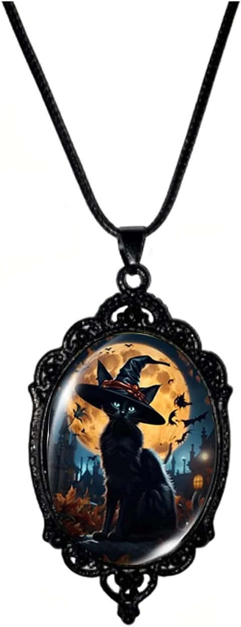 Black Cat Necklace Halloween Necklace for Women Gothic Glass Cameo Pendant Neckl