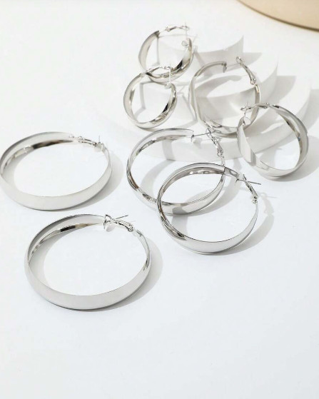 Set of 4 Silver Tone Hoop Earrings Large Big Medium Small Wide Assorted Sizes