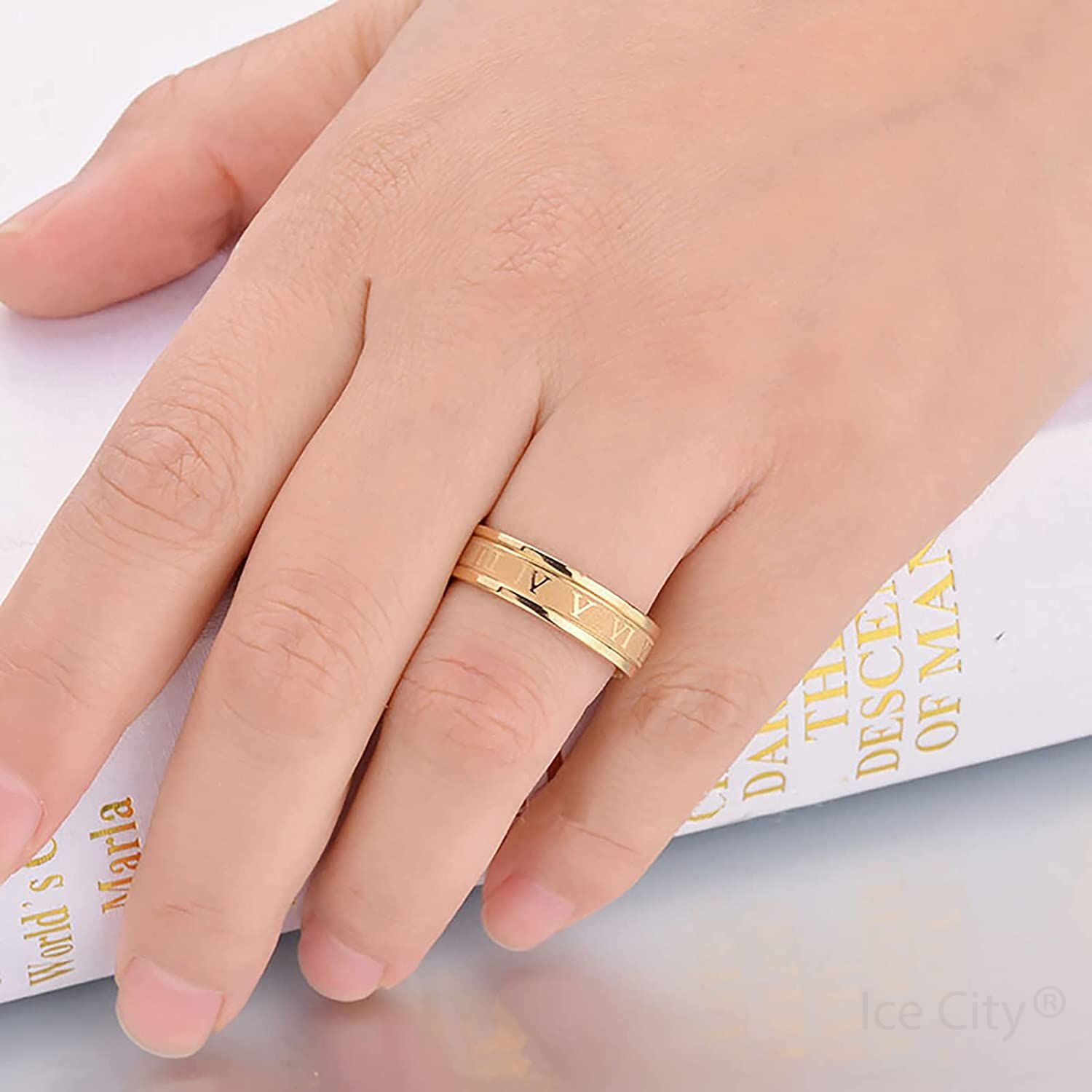 Ice City Roman Numeral Wedding Band Ring, Stainless Steel Rings Men Size 6-12