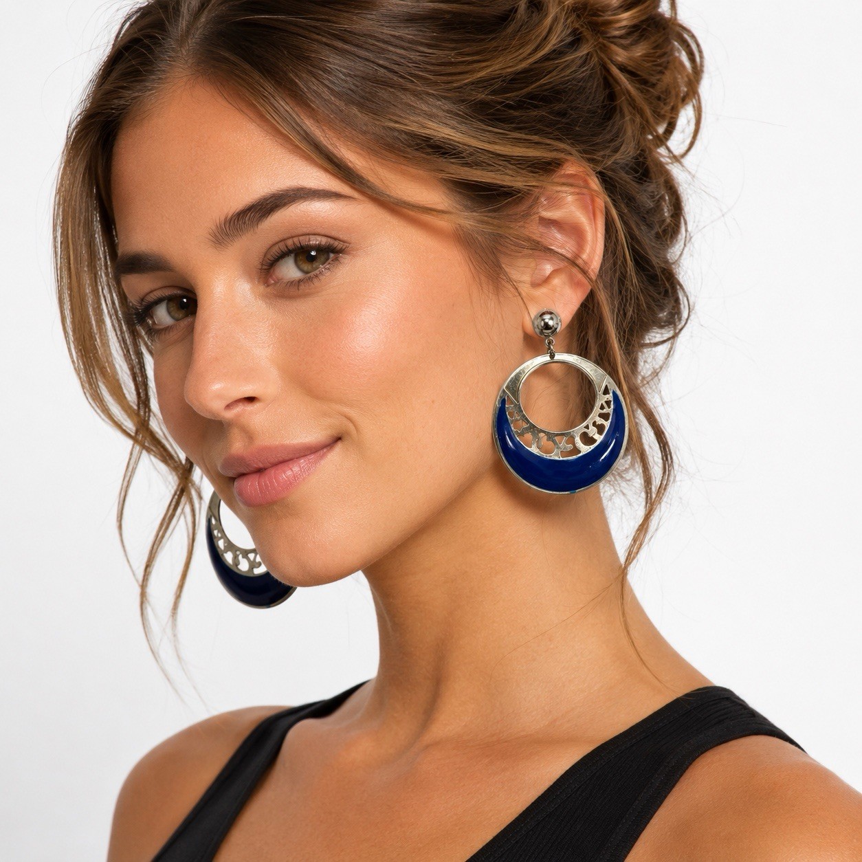 Vintage Cobalt Blue Enamel Filigree Hoop Earrings Pierced 80s Boho