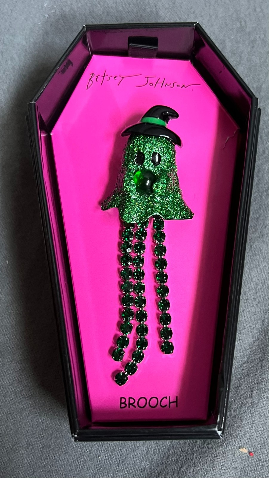 Betsy Johnson Halloween Ghost Witch Green Ghost Brooch Rhinestones & Glitter