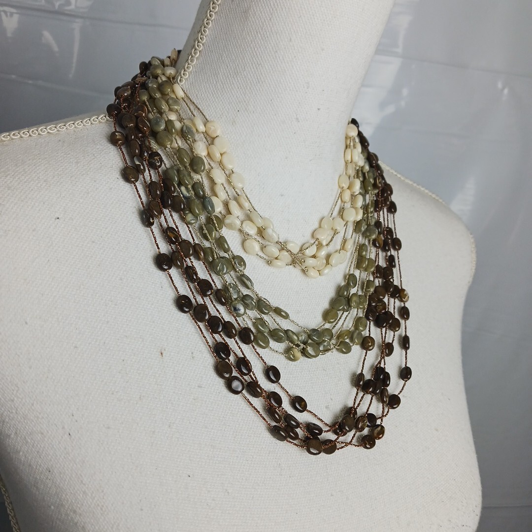 Layered Statement Necklace Multi Ivory Green Earth Tone Beaded Boho Wear To Work