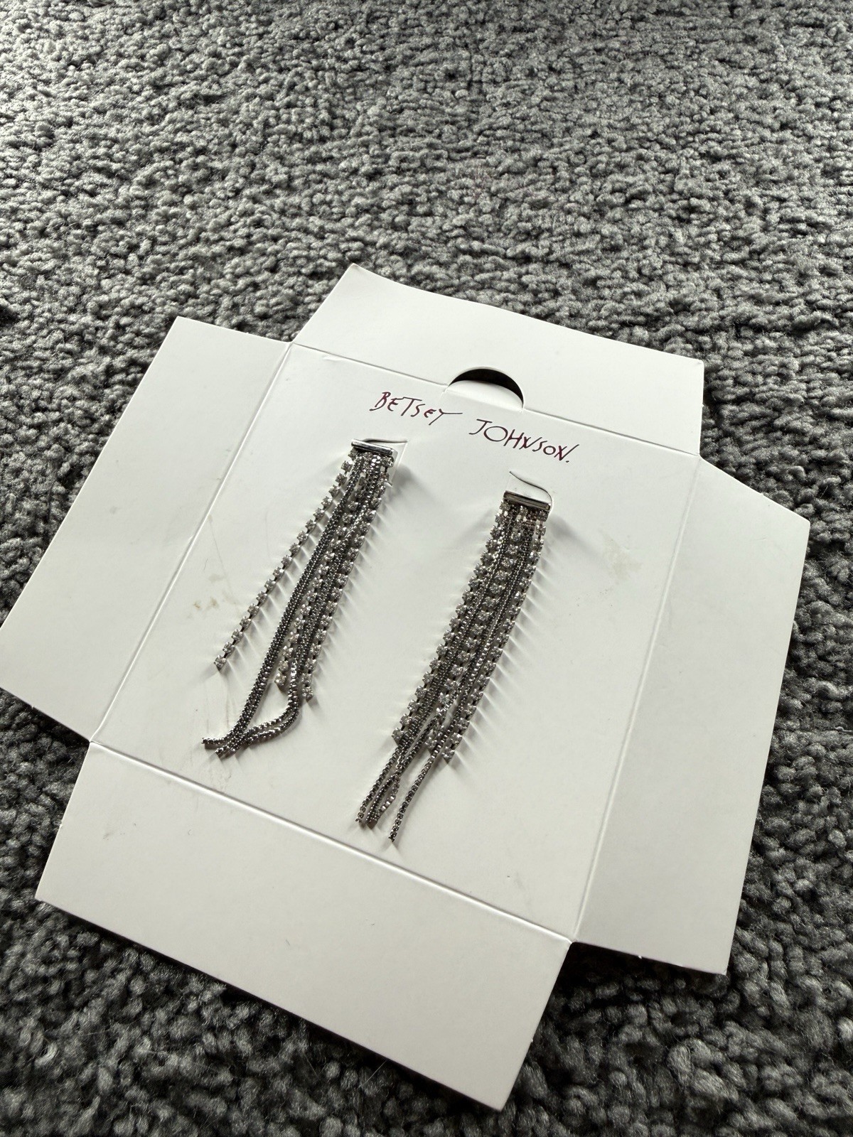 Betsey Johnson Silver Tone Round Crystal Chain Fringe Dangle Earrings Post